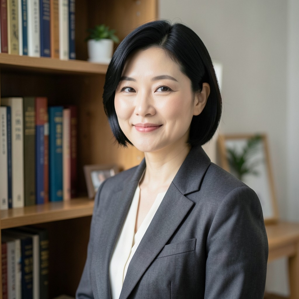 Portrait of Minseo Park beside a bookshelf in soft window light