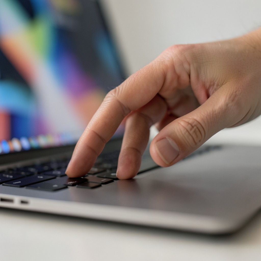 A hand paused above a laptop trackpad in a quiet neutral room