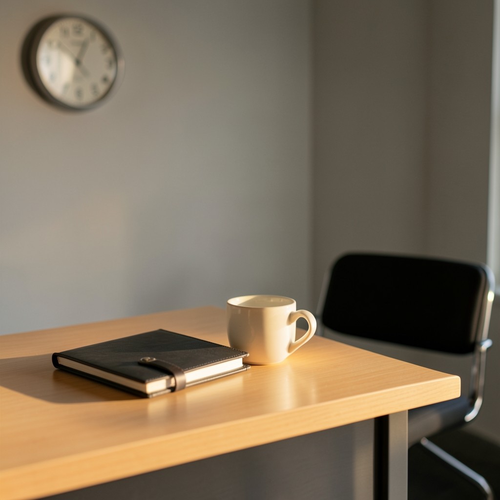 A quiet desk with a wall clock, a closed notebook, and a cup in late daylight