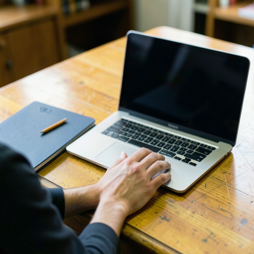 Hands resting beside a laptop whose screen is out of focus on a wooden desk