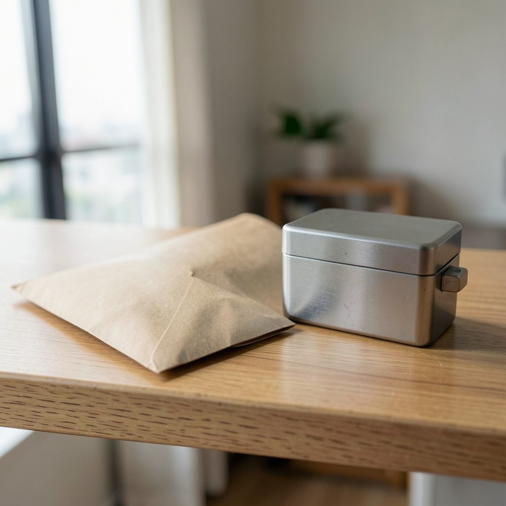A plain envelope and a small lockbox on a household shelf in soft daylight