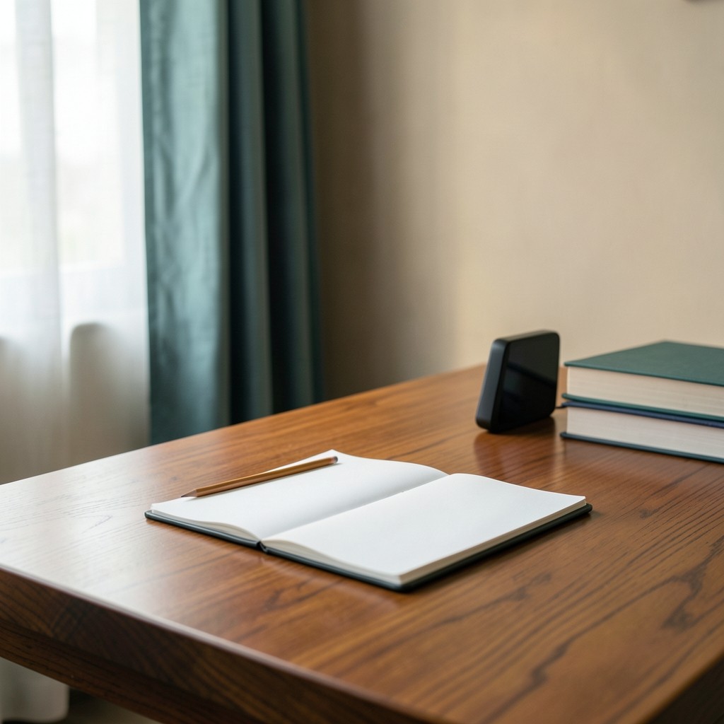 Oak reading table with a blank notebook and a small unmarked hardware device by a tall window