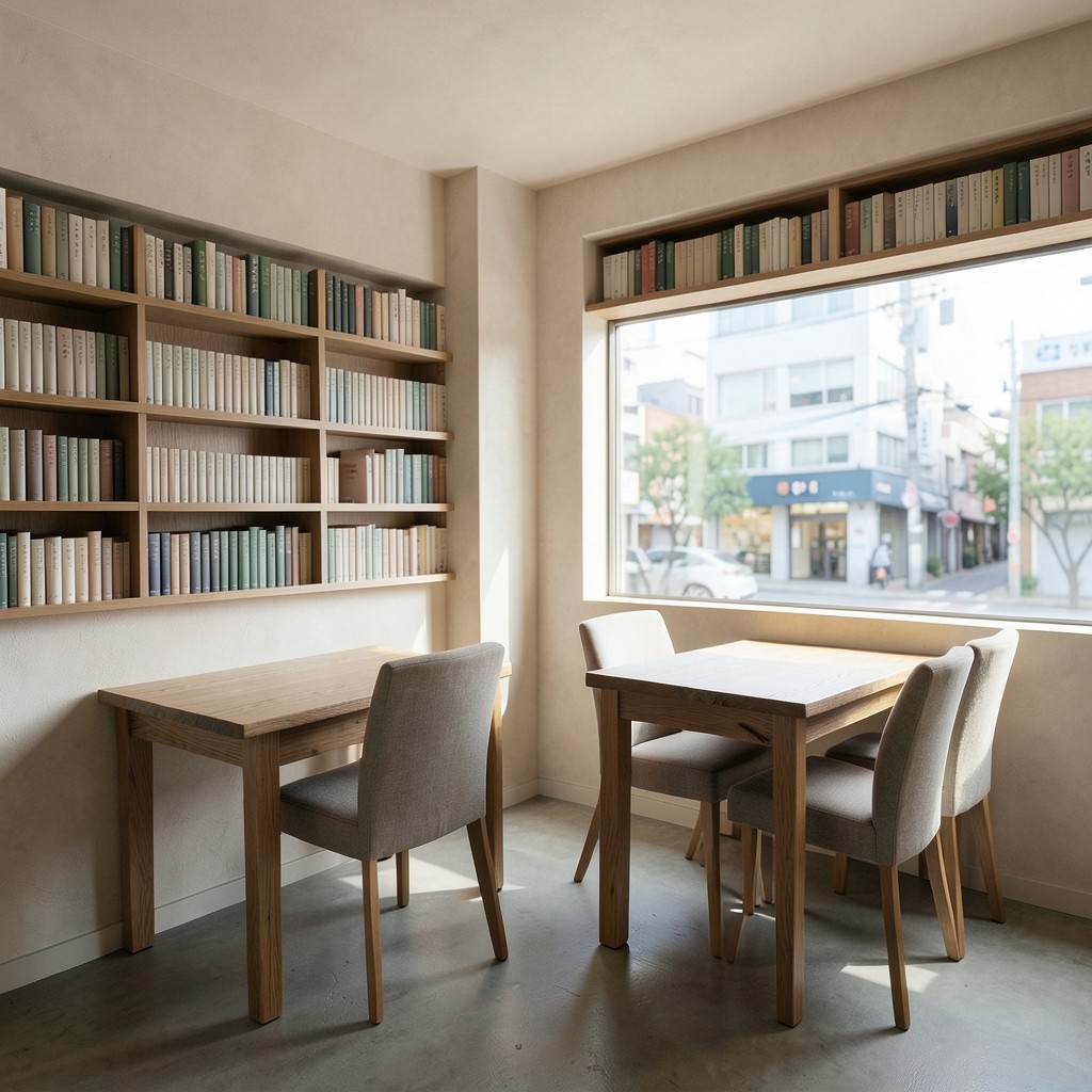 Wide view of the reading room with two tables and a window