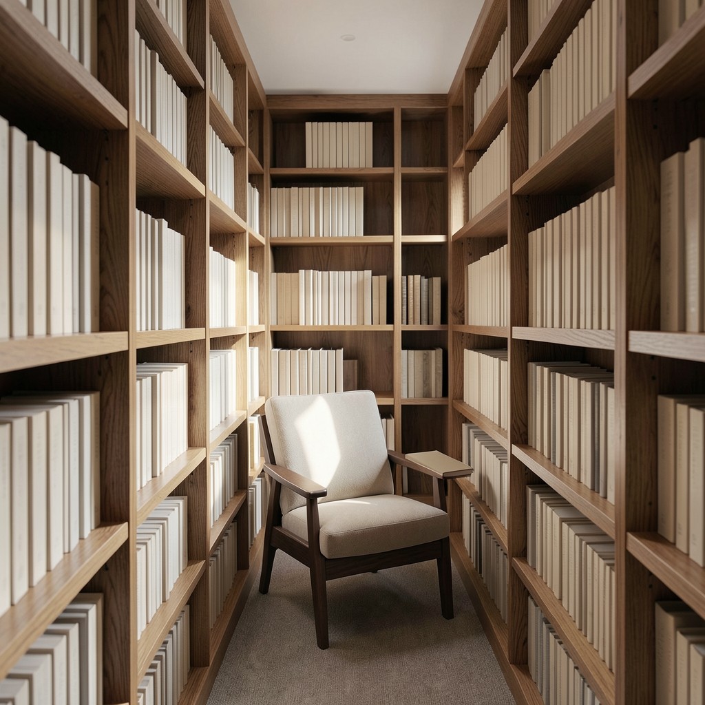 Empty reading chair beside shelves of plain book spines
