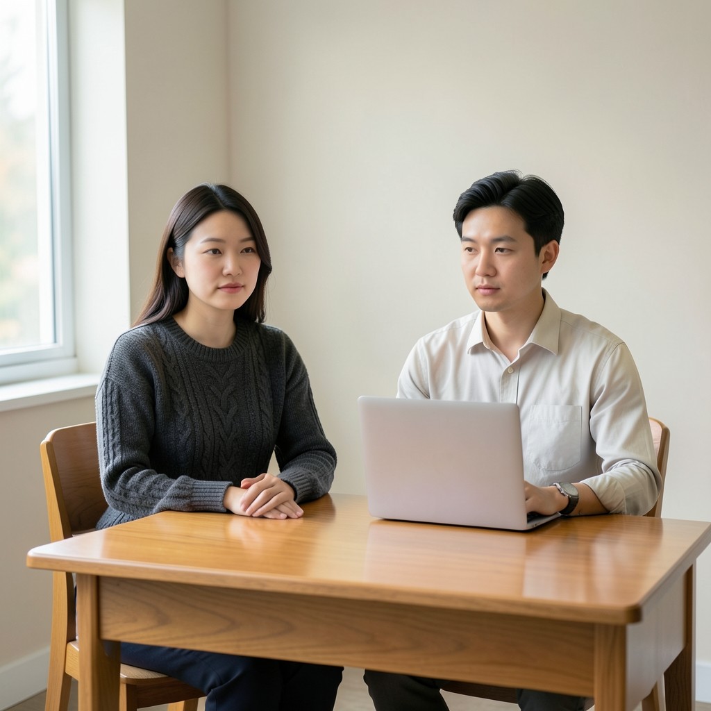 A reader and a visitor at a desk, the visitor holding the laptop